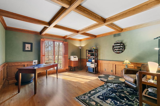 4001 Wyndwood Dr, Crystal Lake, IL 60014 - office area featuring coffered ceiling, beam ceiling, visible vents, and a wainscoted wall
