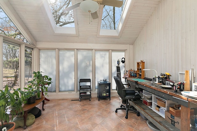 4001 Wyndwood Dr, Crystal Lake, IL 60014 - office space with a skylight, high vaulted ceiling, wooden walls, and a ceiling fan