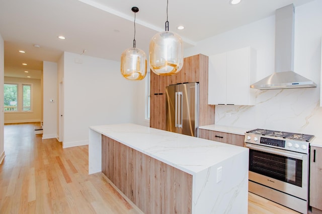 3621 N Richmond St, Chicago, IL 60618 - kitchen with modern cabinets, tasteful backsplash, wall chimney range hood, a center island, and stainless steel appliances