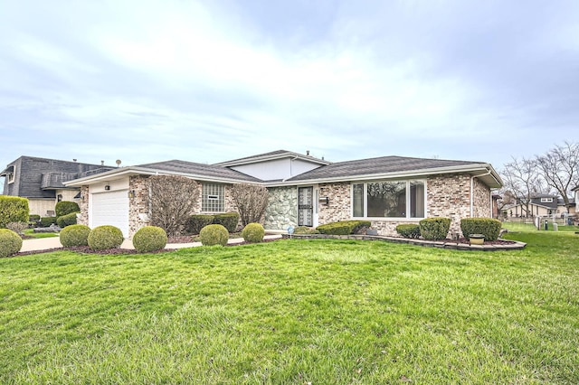 view of front facade with a garage, brick siding, a front lawn, and a shingled roof