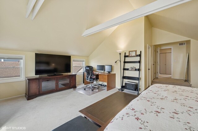bedroom featuring baseboards, vaulted ceiling with beams, visible vents, and light colored carpet