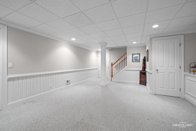40W065 Fox Mill Blvd, Saint Charles, IL 60175 - finished basement featuring a wainscoted wall, carpet floors, stairs, recessed lighting, and a drop ceiling