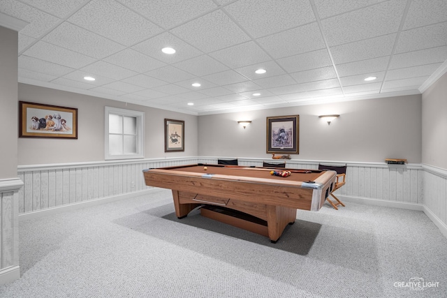 40W065 Fox Mill Blvd, Saint Charles, IL 60175 - recreation room featuring a wainscoted wall, light colored carpet, recessed lighting, and pool table