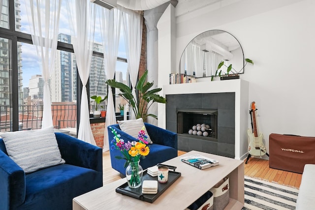 living area featuring a fireplace, a city view, and wood finished floors