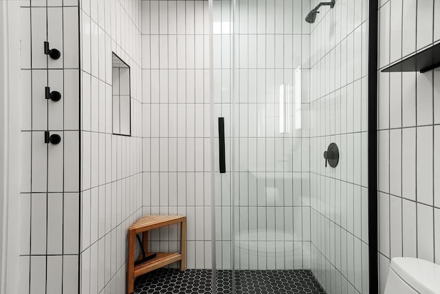 bathroom with toilet and a stall shower