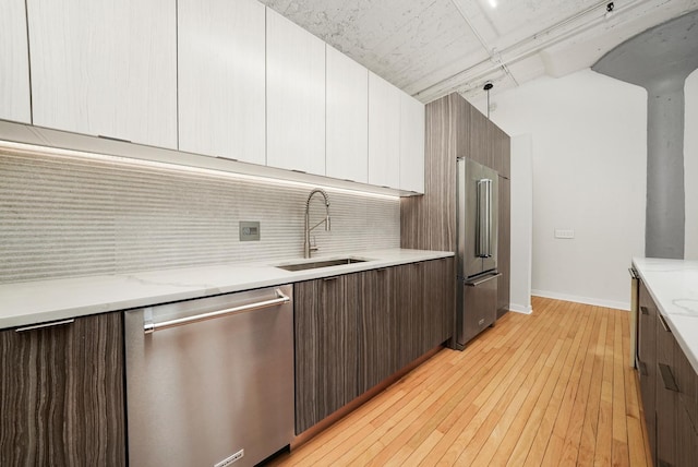 kitchen with light wood-style floors, modern cabinets, tasteful backsplash, a sink, and stainless steel appliances