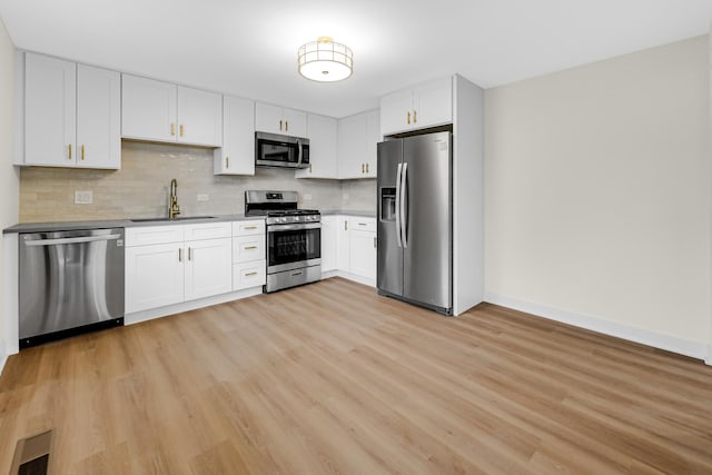 kitchen featuring stainless steel appliances, tasteful backsplash, white cabinetry, and a sink