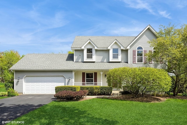 traditional-style home featuring an attached garage, driveway, covered porch, and a shingled roof