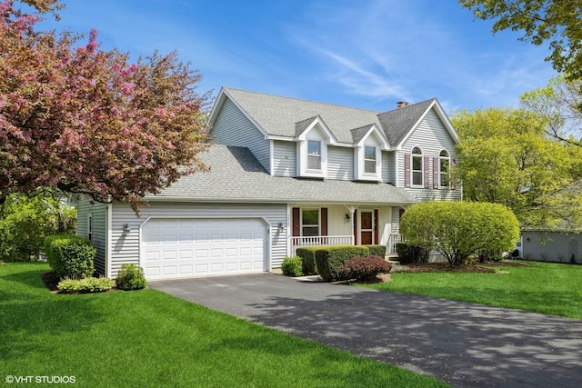 view of front facade featuring a garage, a porch, driveway, a front yard, and a shingled roof