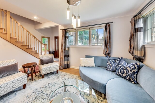 2609 Eisenhower Dr, Des Plaines, IL 60018 - living area with wood finished floors, stairway, and recessed lighting