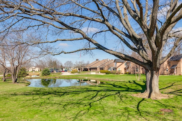 surrounding community featuring a lawn, a residential view, and a water view
