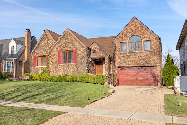 8209 N Oleander Ave, Niles, IL 60714 - view of front facade with an attached garage, decorative driveway, stone siding, a front yard, and brick siding