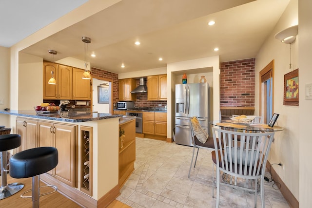 8209 N Oleander Ave, Niles, IL 60714 - kitchen featuring stainless steel appliances, wall chimney exhaust hood, a peninsula, recessed lighting, and backsplash