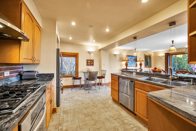 8209 N Oleander Ave, Niles, IL 60714 - kitchen with wall chimney range hood, appliances with stainless steel finishes, recessed lighting, pendant lighting, and brown cabinets
