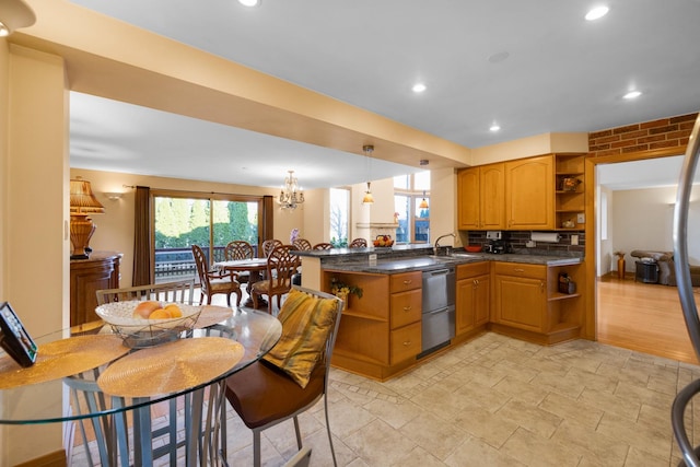 8209 N Oleander Ave, Niles, IL 60714 - kitchen featuring open shelves, stainless steel dishwasher, a peninsula, recessed lighting, and decorative light fixtures