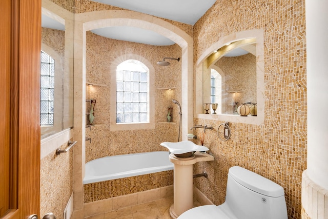 8209 N Oleander Ave, Niles, IL 60714 - full bath with tile walls, plenty of natural light, tiled shower / bath combo, and radiator