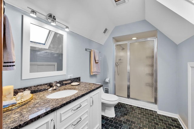 8209 N Oleander Ave, Niles, IL 60714 - full bath with vaulted ceiling, vanity, a stall shower, and a skylight