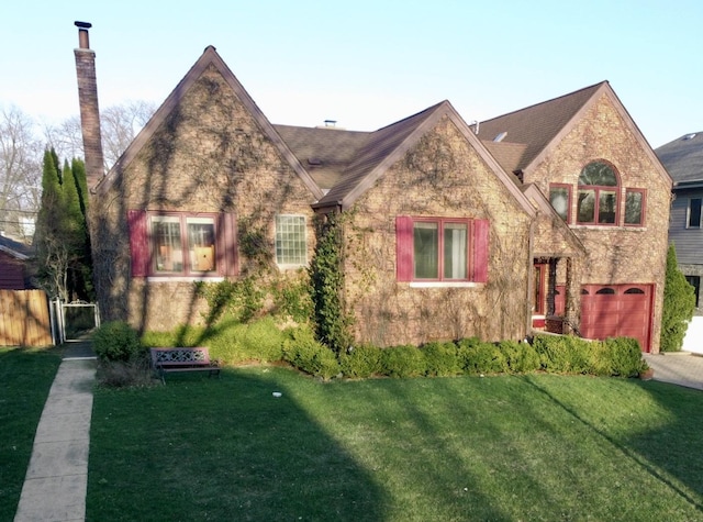 8209 N Oleander Ave, Niles, IL 60714 - tudor home with a chimney, a front lawn, driveway, fence, and a garage