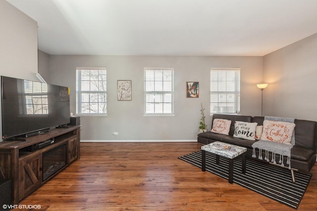 living area with wood finished floors, baseboards, and plenty of natural light