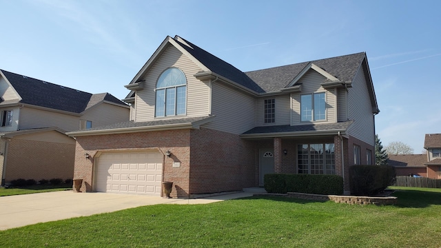 view of front of home with concrete driveway, a front yard, a garage, and brick siding