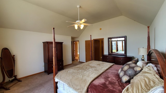 bedroom featuring a ceiling fan, high vaulted ceiling, light carpet, and baseboards