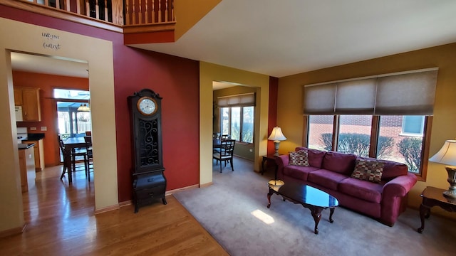 living room featuring wood finished floors and baseboards