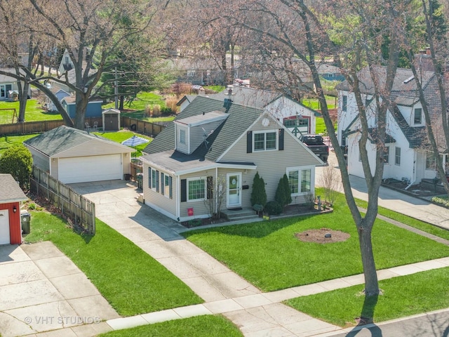 137 S Hickory St, Palatine, IL 60067 - view of front of home featuring a detached garage, fence, an outbuilding, a front yard, and roof with shingles