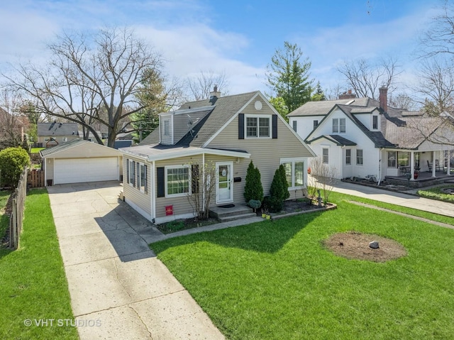 137 S Hickory St, Palatine, IL 60067 - view of front facade featuring an outbuilding, roof with shingles, a detached garage, a chimney, and a front yard