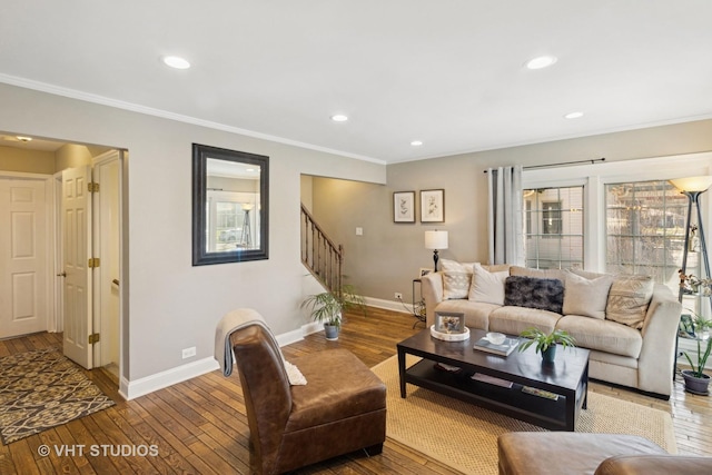 137 S Hickory St, Palatine, IL 60067 - living area featuring crown molding, stairs, hardwood / wood-style flooring, baseboards, and recessed lighting