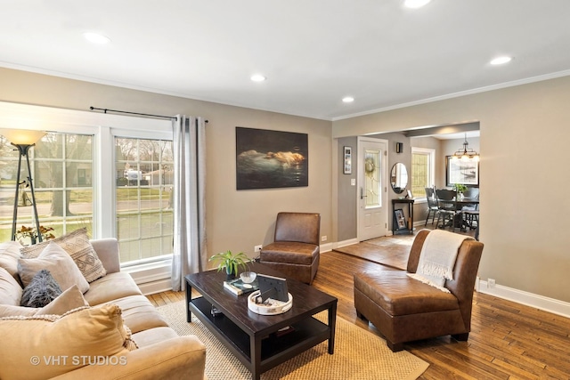137 S Hickory St, Palatine, IL 60067 - living area with baseboards, ornamental molding, wood finished floors, and recessed lighting