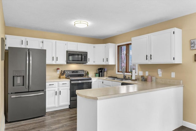 kitchen featuring light countertops, appliances with stainless steel finishes, a sink, and dark wood-style floors