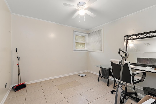 303 Sauk Trl, Park Forest, IL 60466 - office area featuring ornamental molding, a ceiling fan, baseboards, and light tile patterned floors