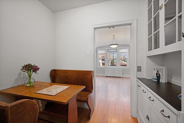 837 Erie St Unit 1, Oak Park, IL 60302 - dining area with radiator heating unit, light wood finished floors, a textured wall, and baseboards