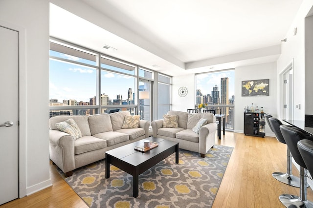 living area featuring light wood-style floors, a view of city, baseboards, and visible vents