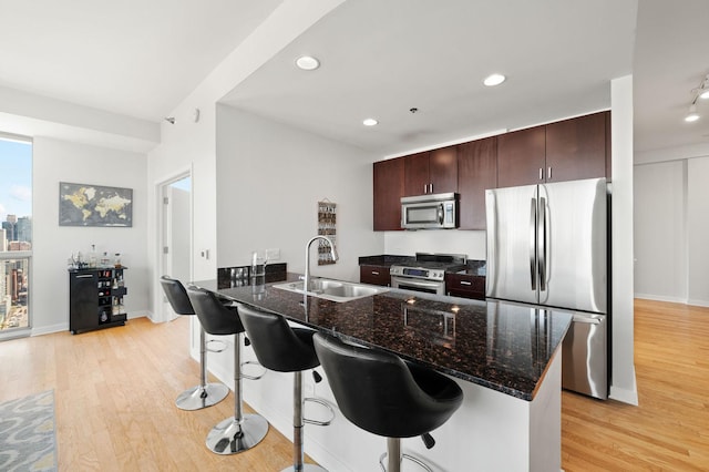 kitchen with light wood-style flooring, a peninsula, dark brown cabinets, appliances with stainless steel finishes, and a sink