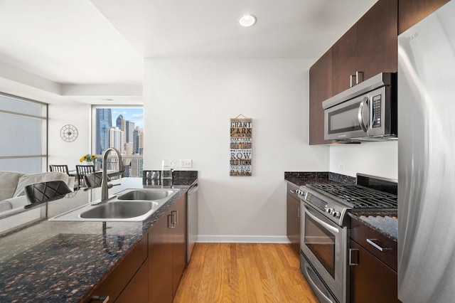 kitchen featuring dark stone countertops, baseboards, a sink, light wood-type flooring, and stainless steel appliances