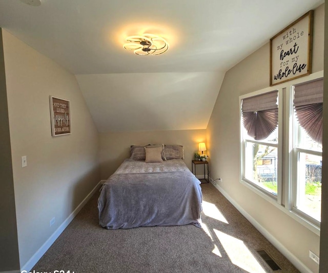 7825 S Saint Lawrence Ave, Chicago, IL 60619 - bedroom featuring baseboards, lofted ceiling, visible vents, and carpet