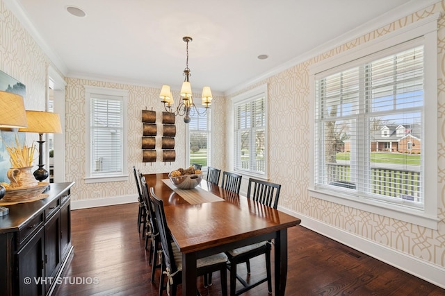 1605 N Chicago Ave, Arlington Heights, IL 60004 - dining area with wallpapered walls, ornamental molding, dark wood-style flooring, a chandelier, and plenty of natural light