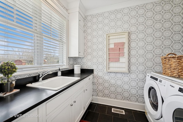 1605 N Chicago Ave, Arlington Heights, IL 60004 - washroom with cabinet space, independent washer and dryer, ornamental molding, wallpapered walls, and dark tile patterned flooring