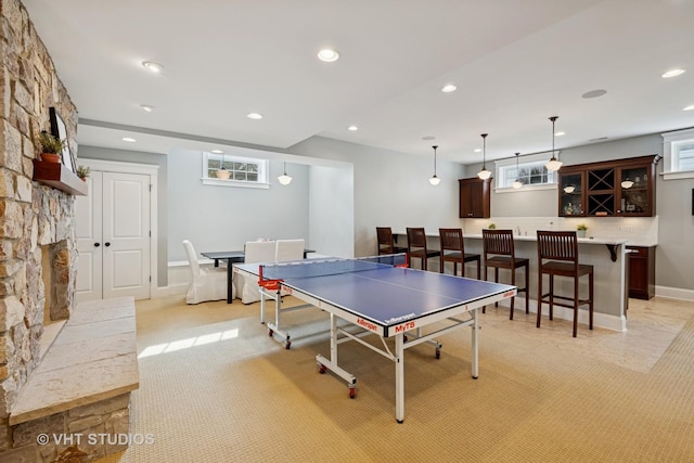 1605 N Chicago Ave, Arlington Heights, IL 60004 - rec room featuring recessed lighting, light carpet, a fireplace, and bar