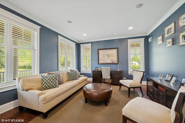 1605 N Chicago Ave, Arlington Heights, IL 60004 - living area with crown molding, wood finished floors, plenty of natural light, and recessed lighting