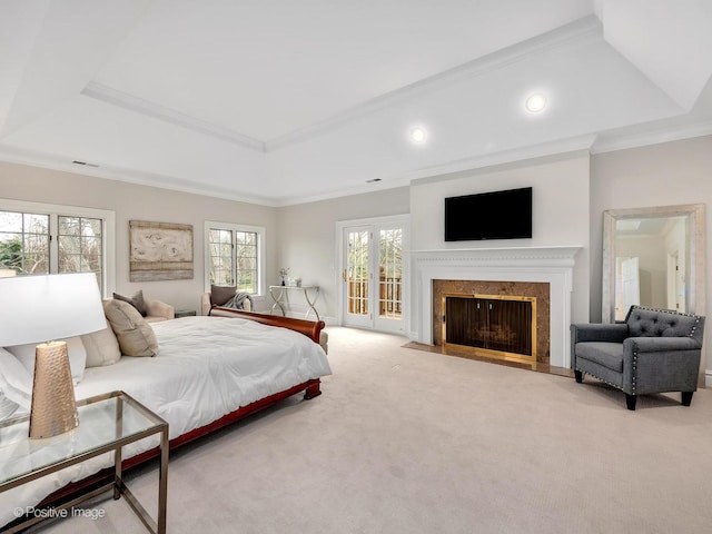 8 Longwood Dr, Burr Ridge, IL 60527 - bedroom with access to exterior, visible vents, light colored carpet, and a raised ceiling