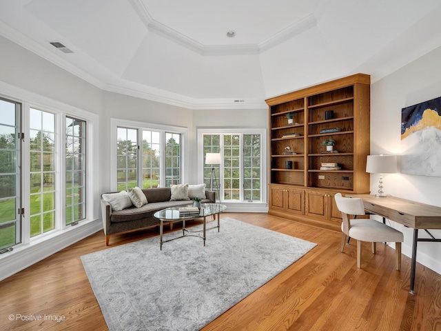 8 Longwood Dr, Burr Ridge, IL 60527 - living room featuring a raised ceiling, ornamental molding, visible vents, and a wealth of natural light