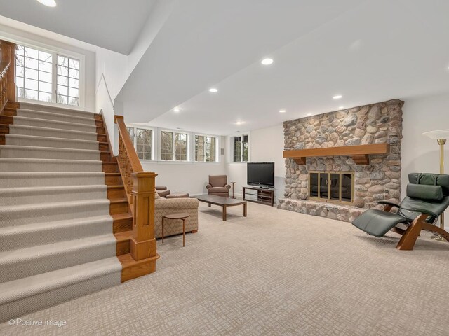 8 Longwood Dr, Burr Ridge, IL 60527 - living area with recessed lighting, stairs, carpet flooring, and a fireplace