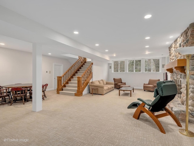 8 Longwood Dr, Burr Ridge, IL 60527 - living area featuring baseboards, recessed lighting, light colored carpet, and stairs