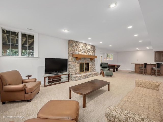 8 Longwood Dr, Burr Ridge, IL 60527 - carpeted living room featuring visible vents, recessed lighting, baseboards, billiards, and indoor bar