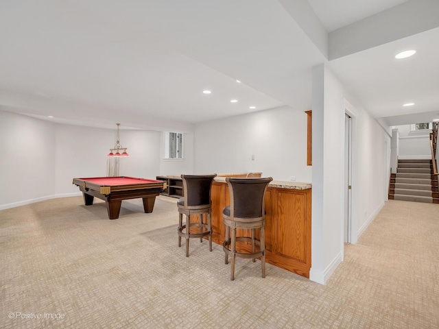 8 Longwood Dr, Burr Ridge, IL 60527 - rec room with bar area, light colored carpet, recessed lighting, baseboards, and billiards