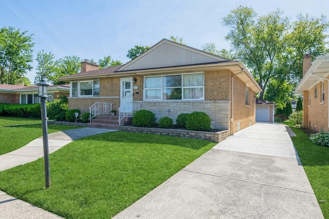 1919 Sunnyside Ave, Westchester, IL 60154 - view of front of property with brick siding, an outbuilding, a front yard, a detached garage, and stone siding