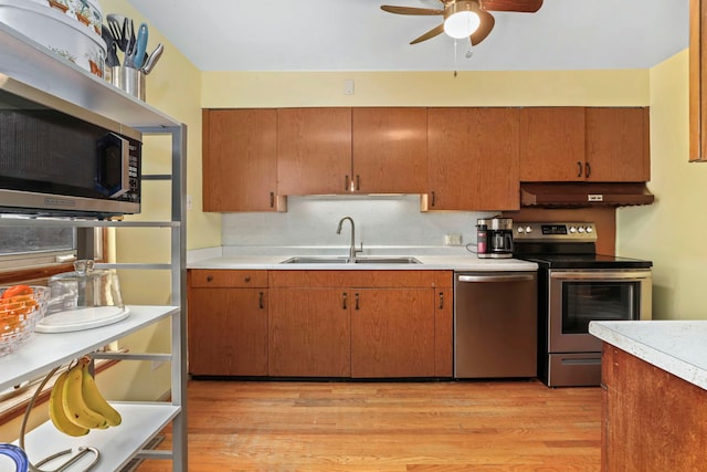 5770 N Forest Glen Ave, Chicago, IL 60646 - kitchen featuring light countertops, under cabinet range hood, ceiling fan, stainless steel appliances, and a sink