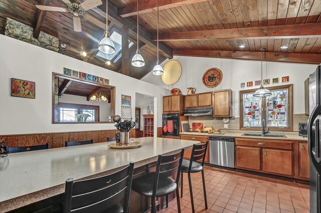 245 Banbury Rd, Mundelein, IL 60060 - kitchen with stainless steel dishwasher, oven, a sink, wood ceiling, and under cabinet range hood